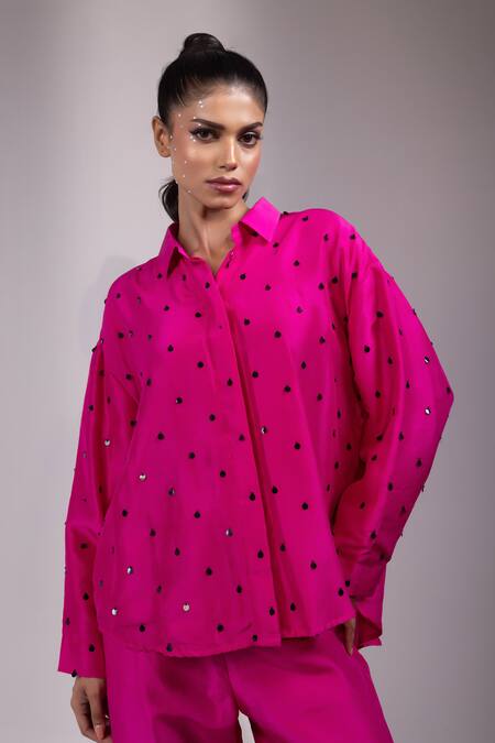 Yoseba Pink Crepe Sequins Collared Embellished Shirt With Pant Online at Aza Fashions Yoseba_Pink Crepe Sequins Collared Embellished Shirt With Pant _Online_at_Aza_Fashions