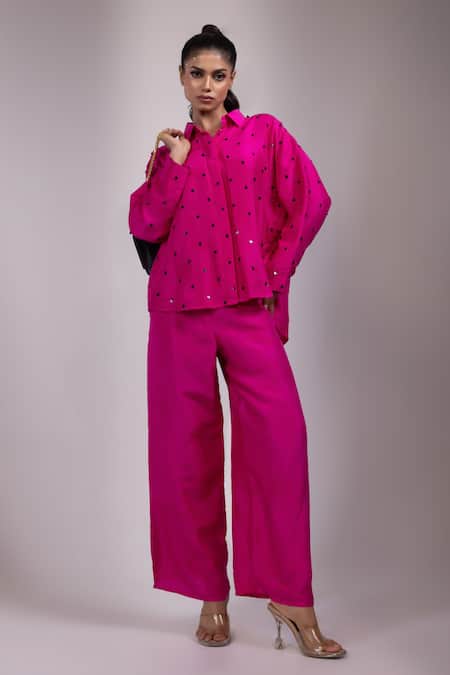Yoseba Pink Crepe Sequins Collared Embellished Shirt With Pant 