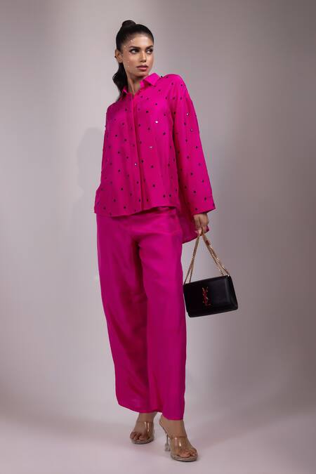 Buy Yoseba Pink Crepe Sequins Collared Embellished Shirt With Pant Online at Aza Fashions Buy_Yoseba_Pink Crepe Sequins Collared Embellished Shirt With Pant _Online_at_Aza_Fashions