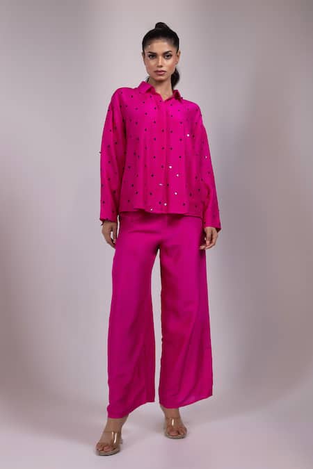 Shop Yoseba Pink Crepe Sequins Collared Embellished Shirt With Pant Online at Aza Fashions Shop_Yoseba_Pink Crepe Sequins Collared Embellished Shirt With Pant _Online_at_Aza_Fashions