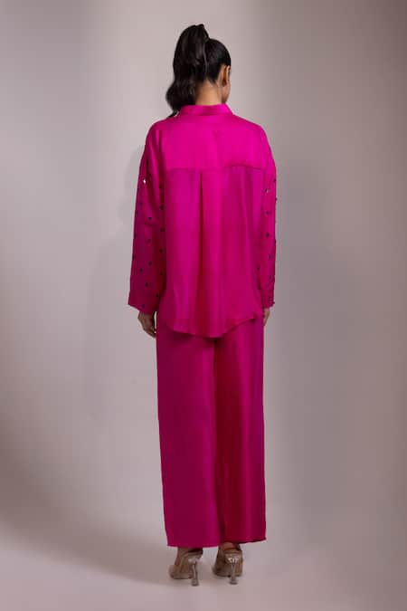 Shop Yoseba Pink Crepe Sequins Collared Embellished Shirt With Pant at Aza Fashions Shop_Yoseba_Pink Crepe Sequins Collared Embellished Shirt With Pant _at_Aza_Fashions