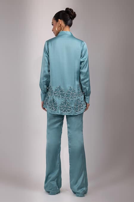 Yoseba Teal Modal, Satin Applique, Embroidery Collared Longline Shirt With Pant Online at Aza Fashions Yoseba_Teal Modal, Satin Applique, Embroidery Collared Longline Shirt With Pant _Online_at_Aza_Fashions