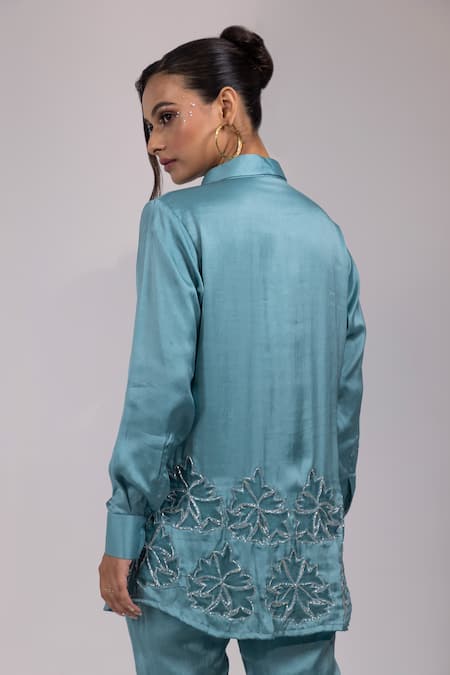 Buy Yoseba Teal Modal, Satin Applique, Embroidery Collared Longline Shirt With Pant Online at Aza Fashions Buy_Yoseba_Teal Modal, Satin Applique, Embroidery Collared Longline Shirt With Pant _Online_at_Aza_Fashions