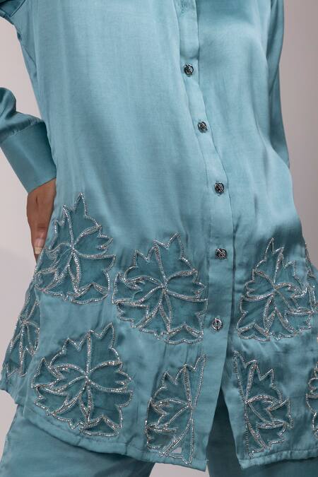Shop Yoseba Teal Modal, Satin Applique, Embroidery Collared Longline Shirt With Pant Online at Aza Fashions Shop_Yoseba_Teal Modal, Satin Applique, Embroidery Collared Longline Shirt With Pant _Online_at_Aza_Fashions