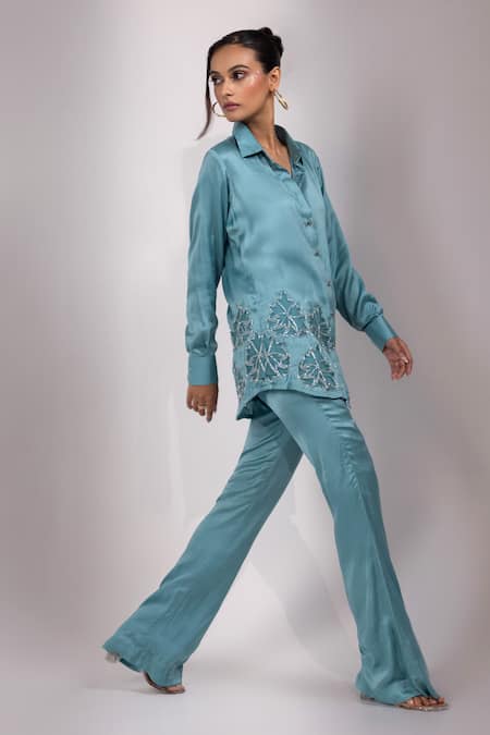 Yoseba Teal Modal, Satin Applique, Embroidery Collared Longline Shirt With Pant at Aza Fashions Yoseba_Teal Modal, Satin Applique, Embroidery Collared Longline Shirt With Pant _at_Aza_Fashions