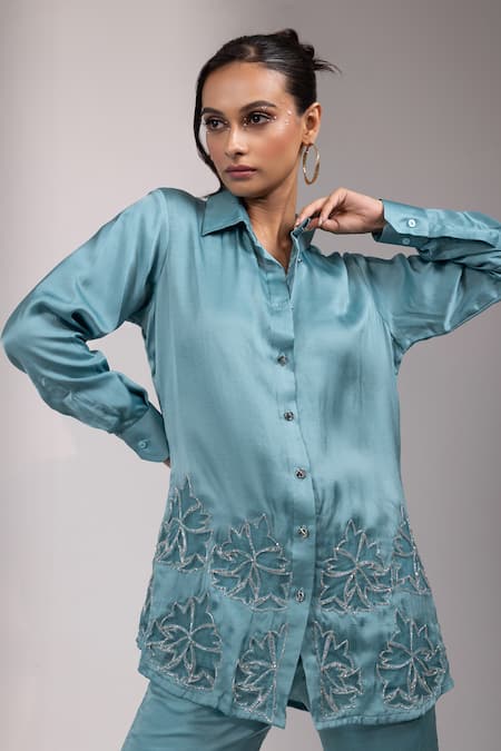 Buy Yoseba Teal Modal, Satin Applique, Embroidery Collared Longline Shirt With Pant Buy_Yoseba_Teal Modal, Satin Applique, Embroidery Collared Longline Shirt With Pant