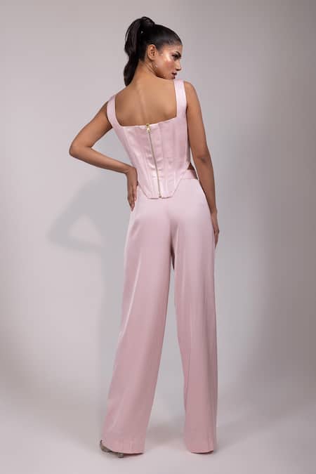 Yoseba_Pink Satin Square Neck Corset With Pant _Online_at_Aza_Fashions
