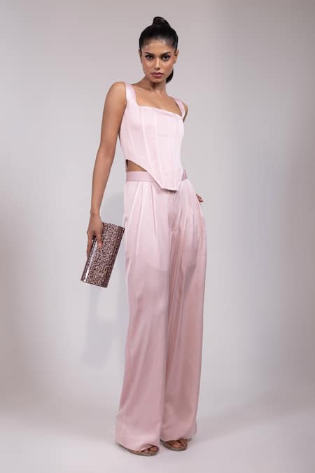 Yoseba Pink Satin Square Neck Corset With Pant