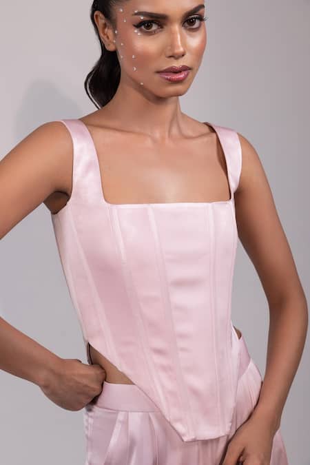 Shop_Yoseba_Pink Satin Square Neck Corset With Pant _Online_at_Aza_Fashions
