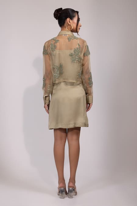 Shop Yoseba Green Organza, Modal, Satin Sequins, Embroidery Sage Shirt And Dress Set at Aza Fashions Shop_Yoseba_Green Organza, Modal, Satin Sequins, Embroidery Sage Shirt And Dress Set _at_Aza_Fashions