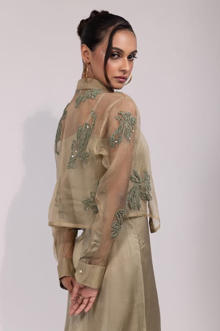 Shop Yoseba Green Organza, Modal, Satin Sequins, Embroidery Sage Shirt And Dress Set Online at Aza Fashions Shop_Yoseba_Green Organza, Modal, Satin Sequins, Embroidery Sage Shirt And Dress Set _Online_at_Aza_Fashions