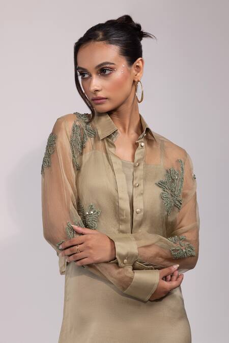 Yoseba Green Organza, Modal, Satin Sequins, Embroidery Sage Shirt And Dress Set at Aza Fashions Yoseba_Green Organza, Modal, Satin Sequins, Embroidery Sage Shirt And Dress Set _at_Aza_Fashions