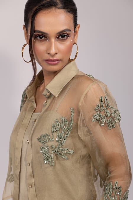 Buy Yoseba Green Organza, Modal, Satin Sequins, Embroidery Sage Shirt And Dress Set Buy_Yoseba_Green Organza, Modal, Satin Sequins, Embroidery Sage Shirt And Dress Set
