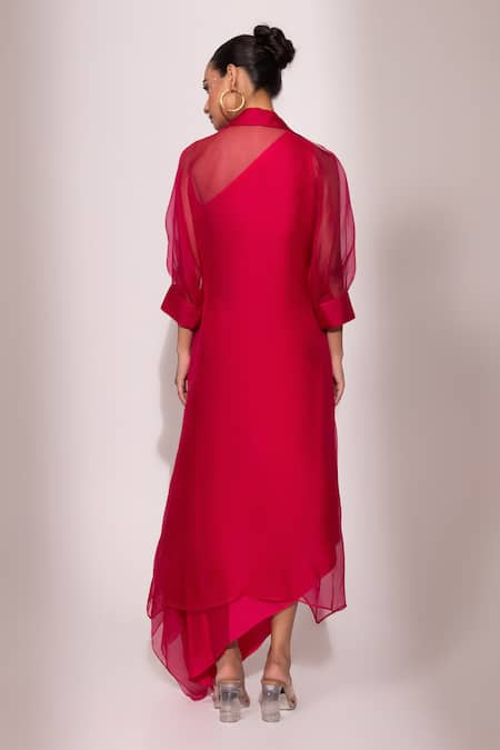 Yoseba Fuchsia Satin Gown with Sheer Overlay 