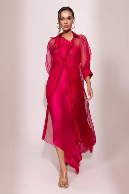 Yoseba Fuchsia Modal, Satin, Organza Embroidery One Shoulder, Gown With Sheer Overlay 