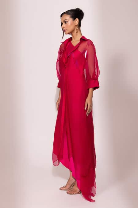 Yoseba_Fuchsia Modal, Satin, Organza Embroidery One Shoulder, Gown With Sheer Overlay _Online_at_Aza_Fashions