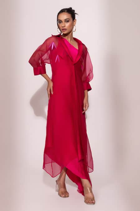 Buy_Yoseba_Fuchsia Modal, Satin, Organza Embroidery One Shoulder, Gown With Sheer Overlay _Online_at_Aza_Fashions