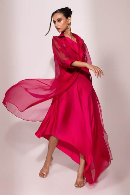 Shop_Yoseba_Fuchsia Modal, Satin, Organza Embroidery One Shoulder, Gown With Sheer Overlay _Online_at_Aza_Fashions