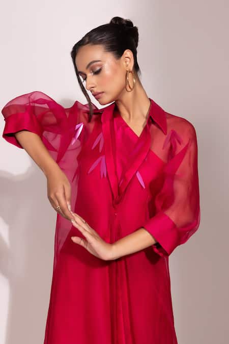 Yoseba_Fuchsia Modal, Satin, Organza Embroidery One Shoulder, Gown With Sheer Overlay _at_Aza_Fashions