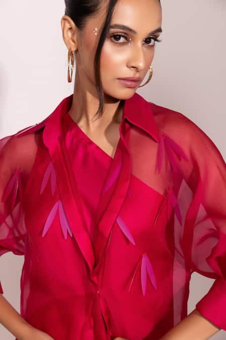 Buy_Yoseba_Fuchsia Modal, Satin, Organza Embroidery One Shoulder, Gown With Sheer Overlay 