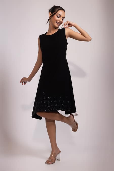 Yoseba_Black Embroidery, Beads Round Neck Sleeveless Shift Dress _Online_at_Aza_Fashions