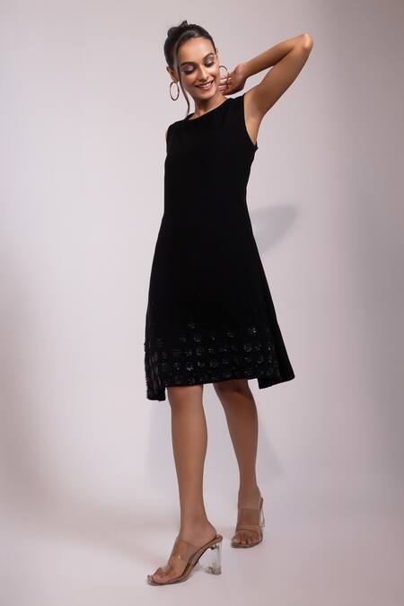 Buy_Yoseba_Black Embroidery, Beads Round Neck Sleeveless Shift Dress _Online_at_Aza_Fashions