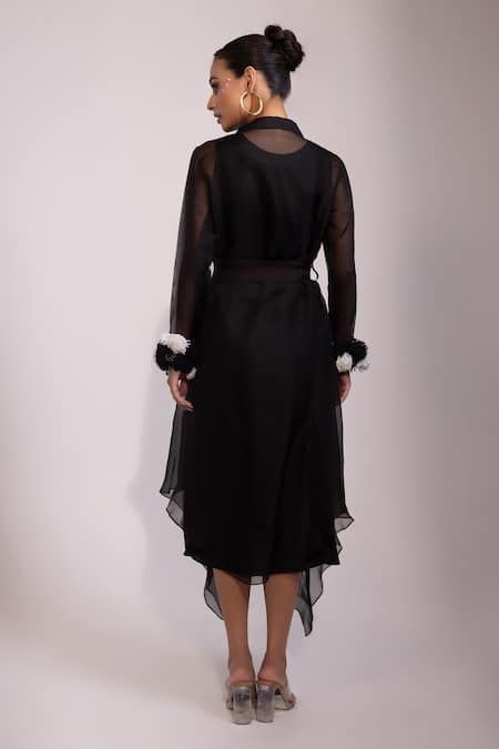 Shop Yoseba Black Organza, Modal, Satin Pom-poms, Embroidery Sheer Jacket With Dress at Aza Fashions Shop_Yoseba_Black Organza, Modal, Satin Pom-poms, Embroidery Sheer Jacket With Dress _at_Aza_Fashions