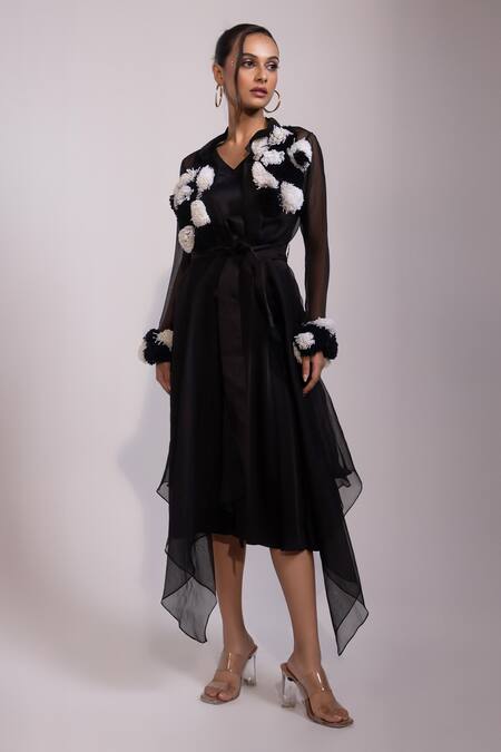 Yoseba Black Organza, Modal, Satin Pom-poms, Embroidery Sheer Jacket With Dress Online at Aza Fashions Yoseba_Black Organza, Modal, Satin Pom-poms, Embroidery Sheer Jacket With Dress _Online_at_Aza_Fashions