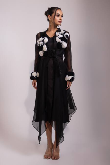 Buy Yoseba Black Organza, Modal, Satin Pom-poms, Embroidery Sheer Jacket With Dress Online at Aza Fashions Buy_Yoseba_Black Organza, Modal, Satin Pom-poms, Embroidery Sheer Jacket With Dress _Online_at_Aza_Fashions