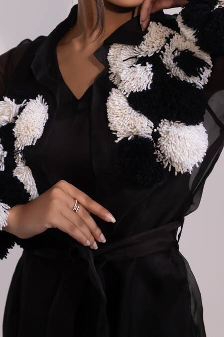 Shop Yoseba Black Organza, Modal, Satin Pom-poms, Embroidery Sheer Jacket With Dress Online at Aza Fashions Shop_Yoseba_Black Organza, Modal, Satin Pom-poms, Embroidery Sheer Jacket With Dress _Online_at_Aza_Fashions