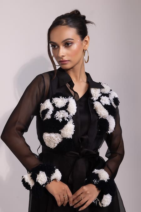 Yoseba Black Organza, Modal, Satin Pom-poms, Embroidery Sheer Jacket With Dress at Aza Fashions Yoseba_Black Organza, Modal, Satin Pom-poms, Embroidery Sheer Jacket With Dress _at_Aza_Fashions