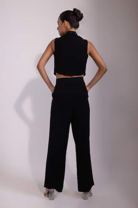 Shop Yoseba Black Beads Collared Embellished Top And Pant Set at Aza Fashions Shop_Yoseba_Black Beads Collared Embellished Top And Pant Set _at_Aza_Fashions