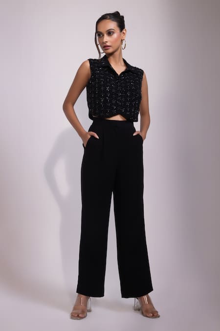 Yoseba Black Beads Collared Embellished Top And Pant Set 