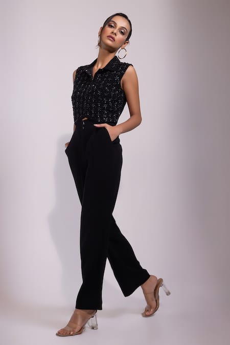 Buy Yoseba Black Beads Collared Embellished Top And Pant Set Online at Aza Fashions Buy_Yoseba_Black Beads Collared Embellished Top And Pant Set _Online_at_Aza_Fashions