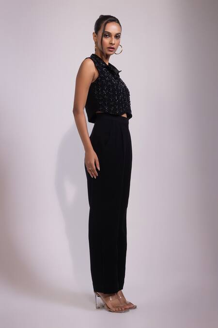Shop Yoseba Black Beads Collared Embellished Top And Pant Set Online at Aza Fashions Shop_Yoseba_Black Beads Collared Embellished Top And Pant Set _Online_at_Aza_Fashions