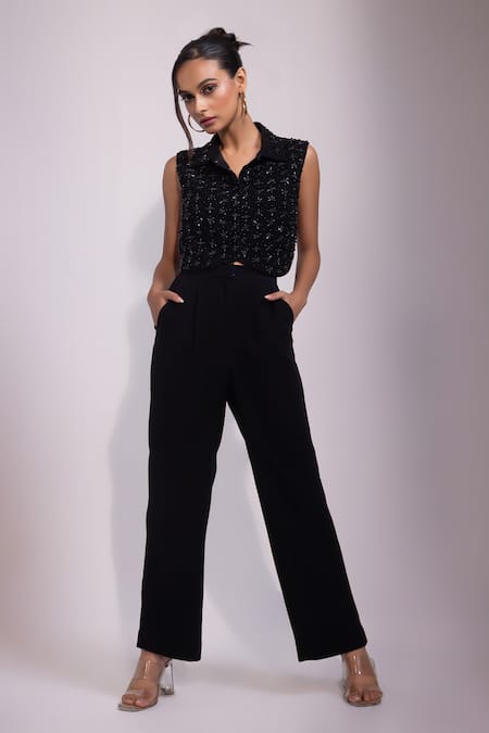 Yoseba Black Beads Collared Embellished Top And Pant Set at Aza Fashions Yoseba_Black Beads Collared Embellished Top And Pant Set _at_Aza_Fashions
