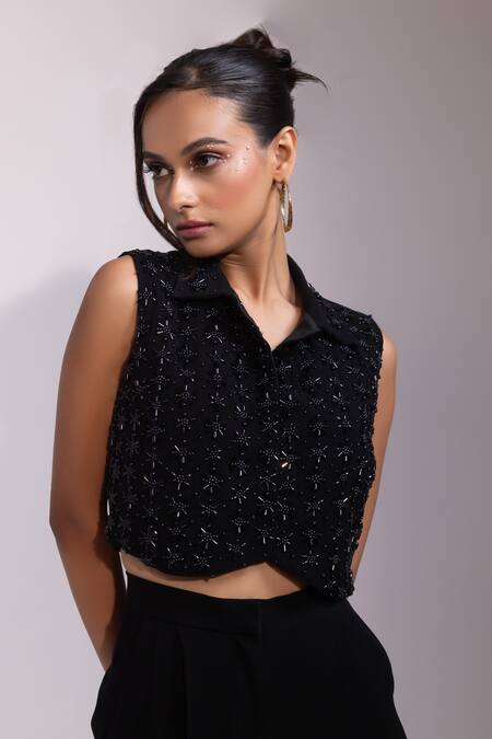 Buy Yoseba Black Beads Collared Embellished Top And Pant Set Buy_Yoseba_Black Beads Collared Embellished Top And Pant Set