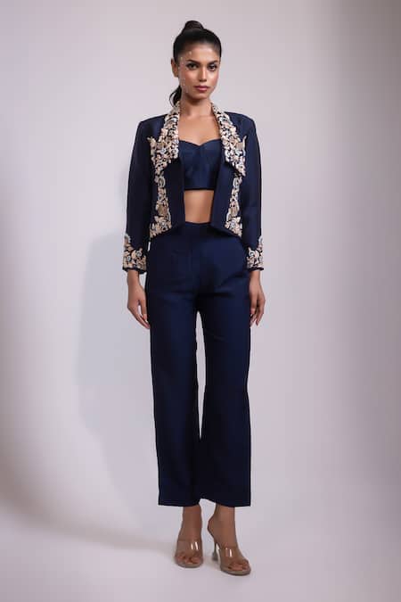 Yoseba Navy Embroidery Open , Sweetheart Jacket Pant Set 