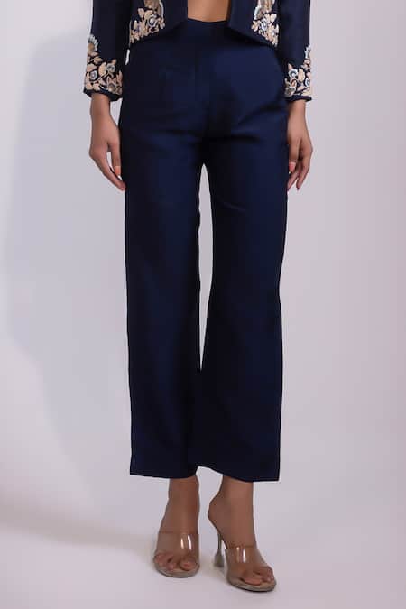 Yoseba Navy Embroidery Open , Sweetheart Jacket Pant Set Online at Aza Fashions Yoseba_Navy Embroidery Open , Sweetheart Jacket Pant Set _Online_at_Aza_Fashions