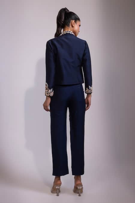 Shop Yoseba Navy Embroidery Open , Sweetheart Jacket Pant Set at Aza Fashions Shop_Yoseba_Navy Embroidery Open , Sweetheart Jacket Pant Set _at_Aza_Fashions