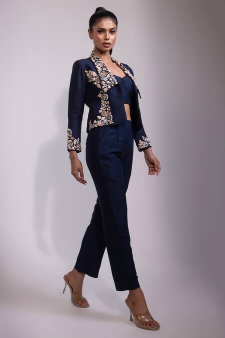 Buy Yoseba Navy Embroidery Open , Sweetheart Jacket Pant Set Online at Aza Fashions Buy_Yoseba_Navy Embroidery Open , Sweetheart Jacket Pant Set _Online_at_Aza_Fashions