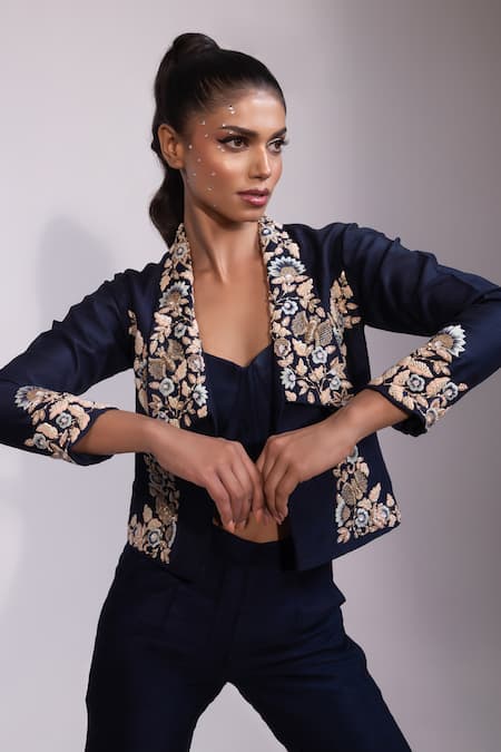Yoseba Navy Embroidery Open , Sweetheart Jacket Pant Set at Aza Fashions Yoseba_Navy Embroidery Open , Sweetheart Jacket Pant Set _at_Aza_Fashions