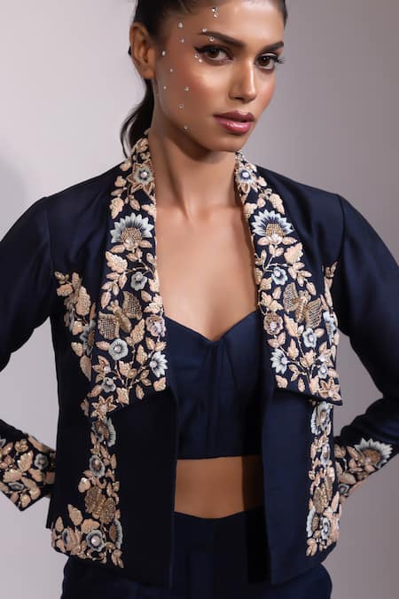 Buy Yoseba Navy Embroidery Open , Sweetheart Jacket Pant Set Buy_Yoseba_Navy Embroidery Open , Sweetheart Jacket Pant Set