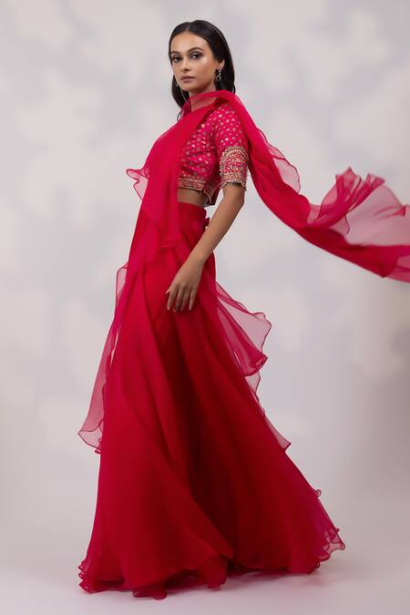 Buy_Yoseba_Fuchsia Organza, Chiffon Ruffles, Embroidery, Zari Pre-draped Saree With Blouse _Online_at_Aza_Fashions