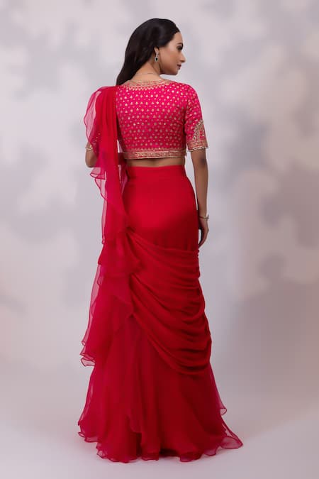 Yoseba Ruffle Embroidered Pre-Draped Saree With Blouse 