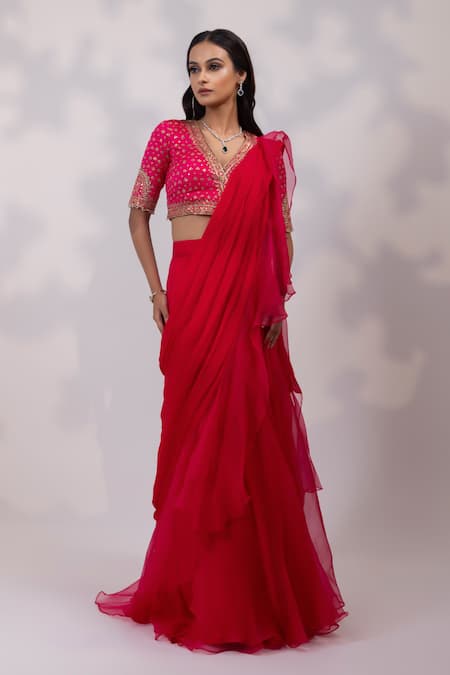Yoseba Fuchsia Organza, Chiffon Ruffles, Embroidery, Zari Pre-draped Saree With Blouse 