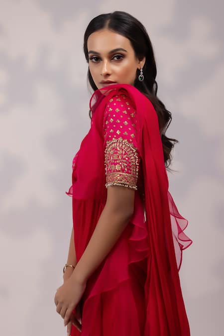 Yoseba_Fuchsia Organza, Chiffon Ruffles, Embroidery, Zari Pre-draped Saree With Blouse _at_Aza_Fashions