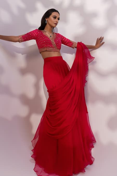Shop_Yoseba_Fuchsia Organza, Chiffon Ruffles, Embroidery, Zari Pre-draped Saree With Blouse 