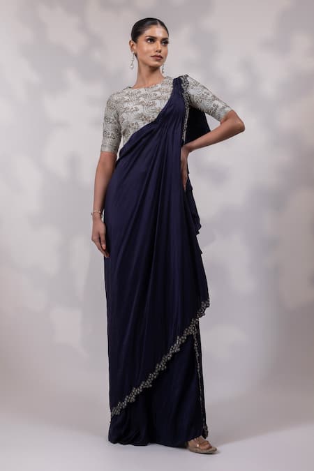 Yoseba Navy Crepe Embroidery Round Neck Border Pre-draped Saree With Blouse 