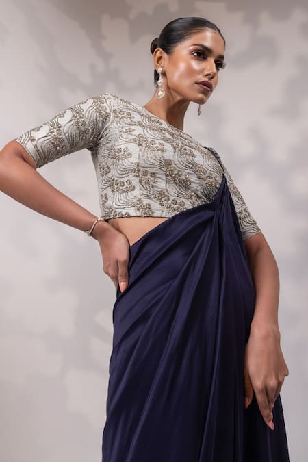 Yoseba Navy Crepe Embroidery Round Neck Border Pre-draped Saree With Blouse Online at Aza Fashions Yoseba_Navy Crepe Embroidery Round Neck Border Pre-draped Saree With Blouse _Online_at_Aza_Fashions